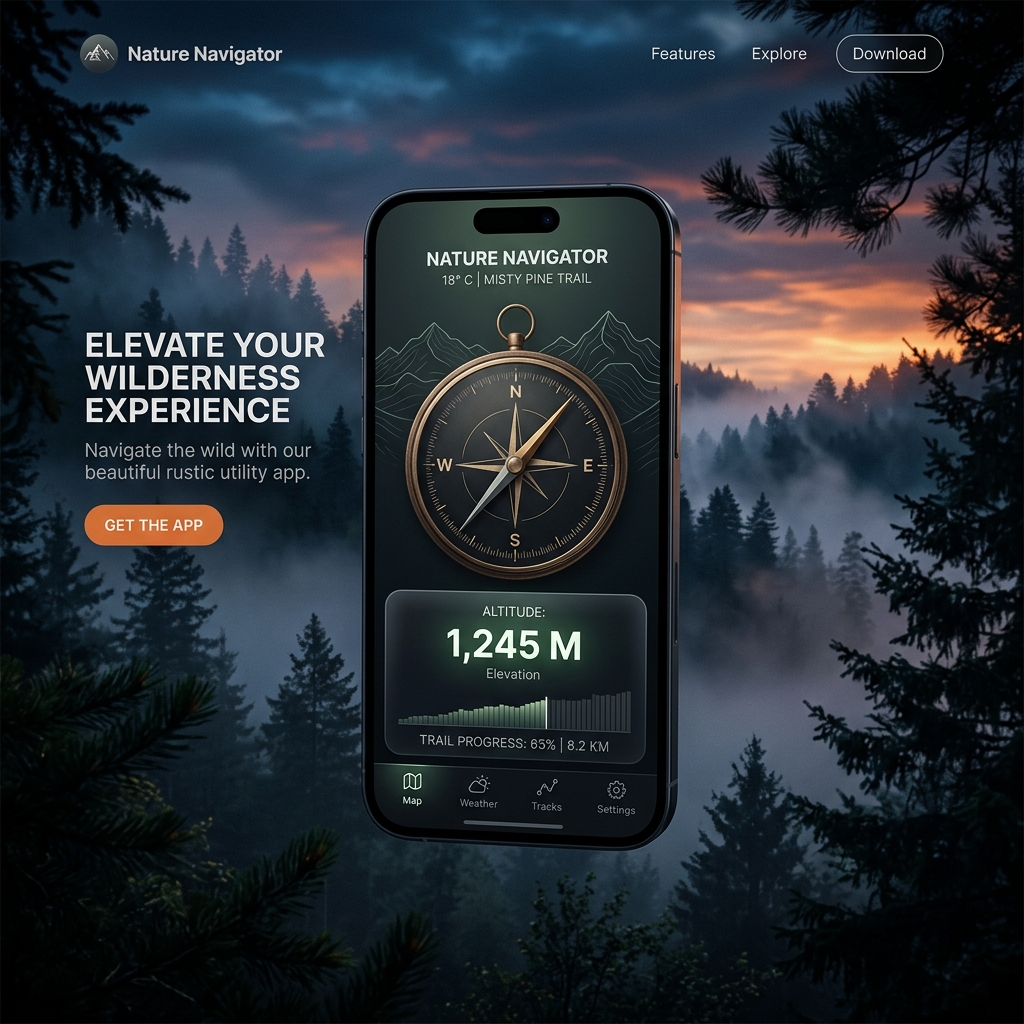 Mockup de Nature Tools mostrando la brújula y altímetro en un bosque